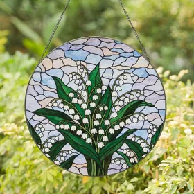 Nature Lovers' Tiffany Style Stained Glass Lily of the Valley Emerald Green Sky Blue Floral Mosaic Art Stained Glass Suncatcher