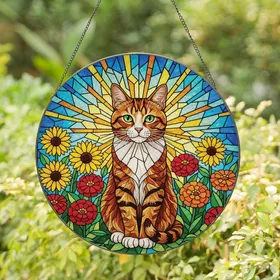 Cat Lovers' Jewel-Toned Stained Glass Tabby Cat Floral Garden Radiant Mosaic Stained Glass Suncatcher