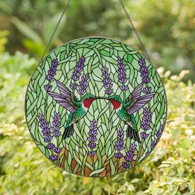 Nature Lovers' Tiffany Style Stained Glass Hummingbirds Lavender Purple Jewel Tone Mosaic Stained Glass Suncatcher