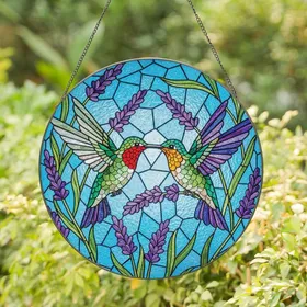 Nature Lovers' Vibrant Stained Glass Hummingbird Embrace, Ruby Emerald Orange Purple Jewel Tones, Lavender & Mosaic Sky Art Stained Glass Suncatcher