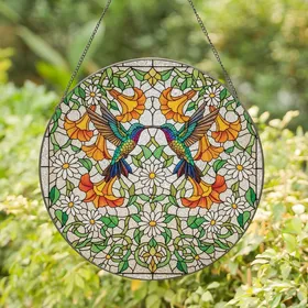 Artful Nature Lovers' Iridescent Hummingbirds Tiffany Stained Glass Jewel Tone Floral Mosaic Edge-to-Edge Stained Glass Suncatcher