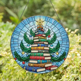 Book Lovers' & Holiday Enthusiasts' Intricate Stained Glass Book Christmas Tree Mosaic, Tiffany Style Jewel Tones Stained Glass Suncatcher