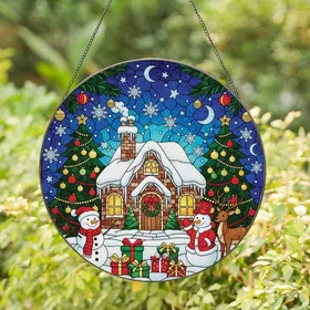 Holiday Decor Lovers' Glowing Stained Glass Winter Cottage Snowmen Reindeer Jewel Tones Blue Red Green Edge-to-Edge Mosaic Stained Glass Suncatcher