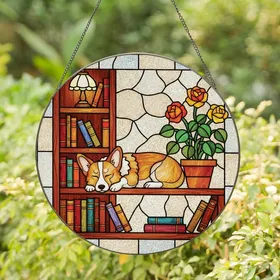 Corgi Lovers' Stained Glass Sleeping Corgi Bookshelf Roses Tiffany Style Jewel Tones Mosaic Stained Glass Suncatcher