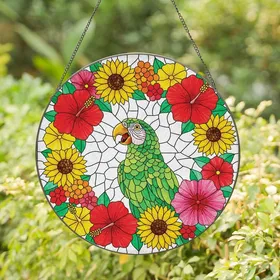 Nature Lovers' Vibrant Green Squawking Parrot Tiffany-Style Stained Glass Tropical Floral Mosaic Stained Glass Suncatcher