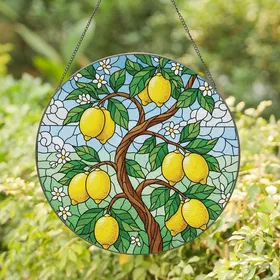 Art Lovers' Vibrant Tiffany Stained Glass Lemon Grove Yellow Green Blue Mosaic Stained Glass Suncatcher