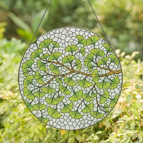 Art Lovers' Glowing Edge-to-Edge Stained Glass Ginkgo Leaf Mosaic Emerald Green Yellow Teal Stained Glass Suncatcher
