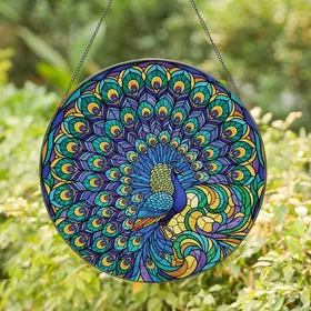 Art Lovers' Majestic Peacock Tiffany Stained Glass Royal Blue Emerald Green Mosaic Stained Glass Suncatcher