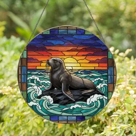 Nature Lovers' Tiffany Stained Glass Sea Lion Mosaic, Glowing Ocean Sunset Jewel Tones Stained Glass Suncatcher