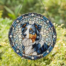 Australian Shepherd Lovers' Intricate Tiffany Jewel Tone Blue Merle Dog Stained Glass Mosaic Stained Glass Suncatcher