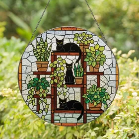 Cat & Plant Enthusiasts' Intricate Tiffany Style Stained Glass Black Cats & Houseplants Mosaic Stained Glass Suncatcher