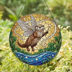 Whimsical Art Enthusiasts' Tiffany Stained Glass Flying Otter, Iridescent Wings, Magic Wand, Amber Blue Green Enchanted Mosaic Stained Glass Suncatcher