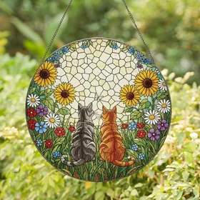 Cat Lovers' Tiffany Stained Glass Tabby & Ginger Cats Wildflowers Jewel Tone Art Stained Glass Suncatcher