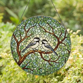 Nature Lovers' Intricate Tiffany Stained Glass Chickadees Birds Branch Mosaic Jewel Tones Stained Glass Suncatcher