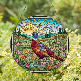 Wildlife Admirers' Tiffany Style Stained Glass Pheasant Jewel Tone Meadow Mosaic Stained Glass Suncatcher