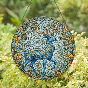 Nature Lovers' Majestic Stained Glass Stag, Blue Gold Teal Amber Floral Jewel Mosaic Stained Glass Suncatcher