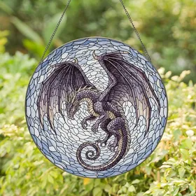 Fantasy Art Lovers' Majestic Tiffany Style Dragon Deep Purple Lavender Celestial Art Stained Glass Suncatcher