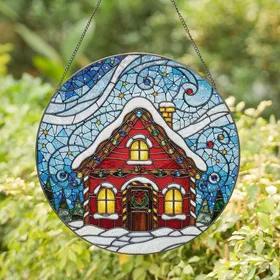 Holiday Lovers' Tiffany Style Stained Glass Gingerbread House Ruby Red Pearl White Golden Yellow Winter Night Mosaic Stained Glass Suncatcher