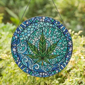 Stained Glass Art Fans' Emerald Teal Aqua Indigo Jewel Tone Moon Leaf Mosaic Stained Glass Suncatcher