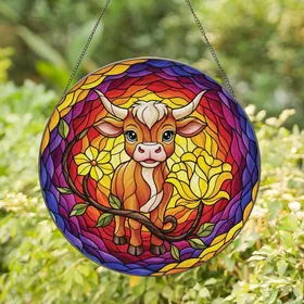 Southwestern Style Fans' Whimsical Stained Glass Baby Longhorn Calf Vibrant Floral Mosaic Stained Glass Suncatcher
