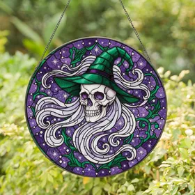 Fantasy Art Lovers Tiffany Style Stained Glass Skeleton Skull Witch Hat Emerald Amethyst Black Edge-to-Edge Pattern Stained Glass Suncatcher