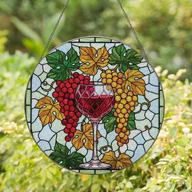 Wine Lover's Stained Glass Ruby Red Wine Glass & Golden Grapes Tiffany Mosaic Stained Glass Suncatcher