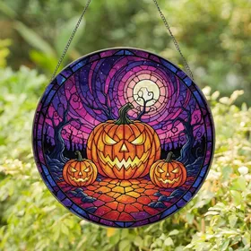 Halloween Enthusiasts' Jewel Tone Tiffany Stained Glass Fiery Jack-o'-lantern Cosmic Forest Art Stained Glass Suncatcher