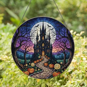 Gothic Fantasy Aficionados' Intricate Tiffany Style Stained Glass Gothic Castle Jack-O'-Lantern Mosaic with Indigo & Fiery Orange Hues Stained Glass Suncatcher