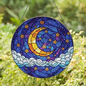 Celestial Art Lovers' Vibrant Tiffany Stained Glass Golden Moon Starry Night Sky Mosaic Stained Glass Suncatcher