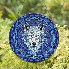 Wildlife Admirers' Tiffany Style White Wolf Sapphire Blue Golden Yellow Jewel Tone Mosaic Stained Glass Suncatcher