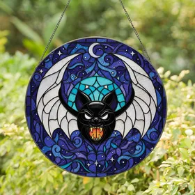 Halloween Lovers' Tiffany Stained Glass Angry Bat Teal Iridescent Wings Deep Blue Purple Celestial Mosaic Stained Glass Suncatcher