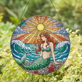 Fantasy Art Lovers' Tiffany Style Stained Glass Mermaid Ocean Sunset Mosaic Jewel Tones Stained Glass Suncatcher
