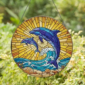 Ocean Lovers' Detailed Tiffany Stained Glass Leaping Dolphin Wave Mosaic Art, Azure Blue Violet Amber Hues Stained Glass Suncatcher