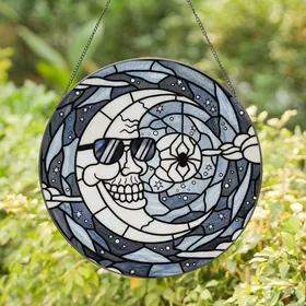 Gothic Style Enthusiasts' Tiffany Stained Glass Skull Moon Dark Sunglasses Spider Opalescent Celestial Mosaic Stained Glass Suncatcher