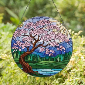 Nature Lovers' Intricate Tiffany-Style Jewel Tone Stained Glass Cherry Blossom Tree Landscape Mosaic Stained Glass Suncatcher