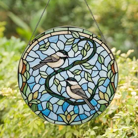 Nature Lovers' Tiffany Style Stained Glass Black-Capped Chickadees Emerald Jewel Tone Mosaic Art Stained Glass Suncatcher
