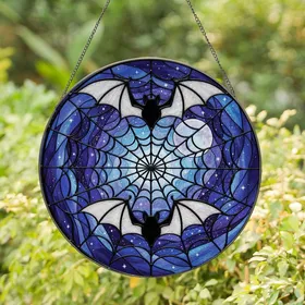Gothic Art Lovers' Tiffany Stained Glass Iridescent Bat & Celestial Night Mosaic Stained Glass Suncatcher