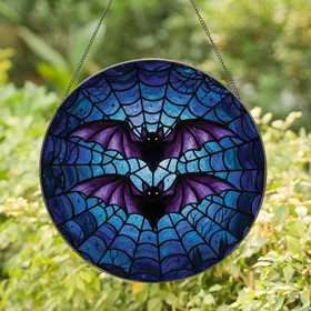 Gothic Art Admirers' Tiffany Stained Glass Bats Spiderweb Night Sky Mosaic Purple Blue Teal Stained Glass Suncatcher