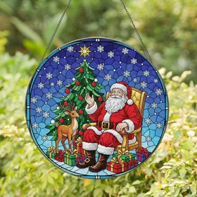 Christmas Lovers' Vibrant Tiffany Stained Glass Santa Reindeer Presents Winter Sky Mosaic Stained Glass Suncatcher