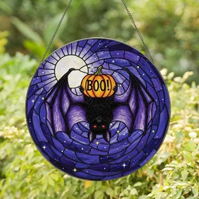 Halloween Lovers' Intricate Tiffany Glass Bat & BOO! Pumpkin Deep Purple Night Sky Jewel Tones Stained Glass Suncatcher
