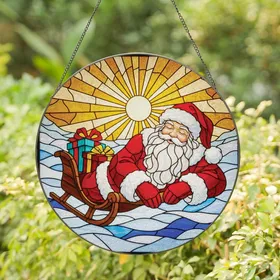 Christmas Lovers' Detailed Stained Glass Sleeping Santa, Sled, Presents, Golden Sunburst & Snow Mosaic Stained Glass Suncatcher