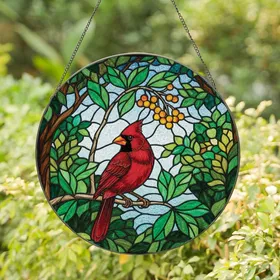 Nature Lovers' Tiffany Stained Glass Ruby Red Cardinal Emerald Leaves Amber Berries Mosaic Art Stained Glass Suncatcher