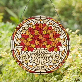Autumn Lovers' Stained Glass Autumn Leaves Bouquet Glowing Tiffany Jewel Tone Red Orange Yellow Stained Glass Suncatcher