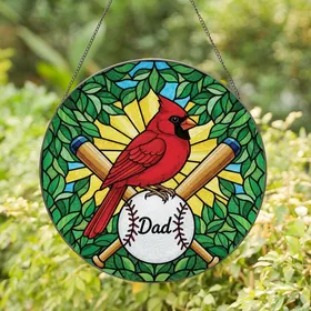 Fathers & Baseball Fans Tiffany Stained Glass Red Cardinal 'Dad' Baseball, Emerald Foliage Mosaic Stained Glass Suncatcher