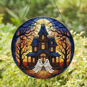 Spooky Season Fans' Stained Glass Glowing Orange Indigo Blue Haunted Victorian Mansion Ghosts Stained Glass Suncatcher
