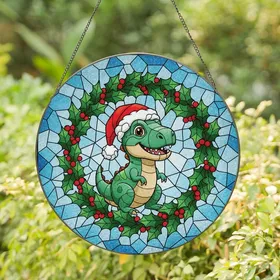Dinosaur Lovers' Tiffany Stained Glass T-Rex Santa Hat Holly Wreath Frosty Winter Mosaic Stained Glass Suncatcher