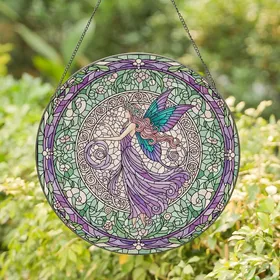 Women's Elegant Tiffany Style Fairy Art, Teal Purple Wings & Ornate Floral Mosaic Stained Glass Suncatcher