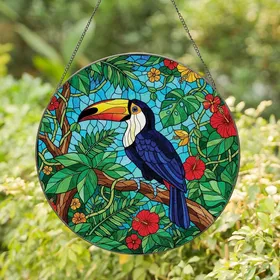 Tropical Enthusiasts' Vibrant Toucan Intricate Stained Glass Tiffany Style Tropical Jungle Jewel Tone Mosaic Stained Glass Suncatcher