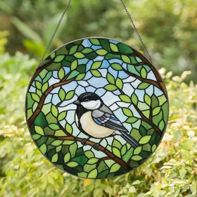 Nature Lovers' Tiffany Style Stained Glass Titmouse Bird Vibrant Emerald Green & Sky Blue Foliage Stained Glass Suncatcher