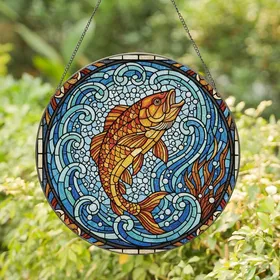 Aquatic Art Lovers' Detailed Stained Glass Leaping Fish Mosaic, Jewel Tone Orange Blue Gold Tiffany Style Stained Glass Suncatcher